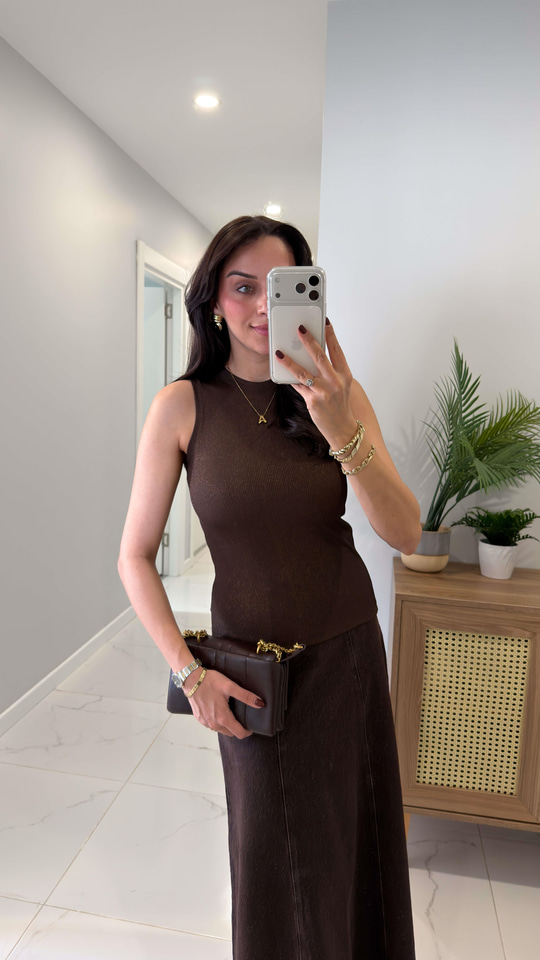 Jina Kahve Sıfır Kol Fitilli Simli Bluz