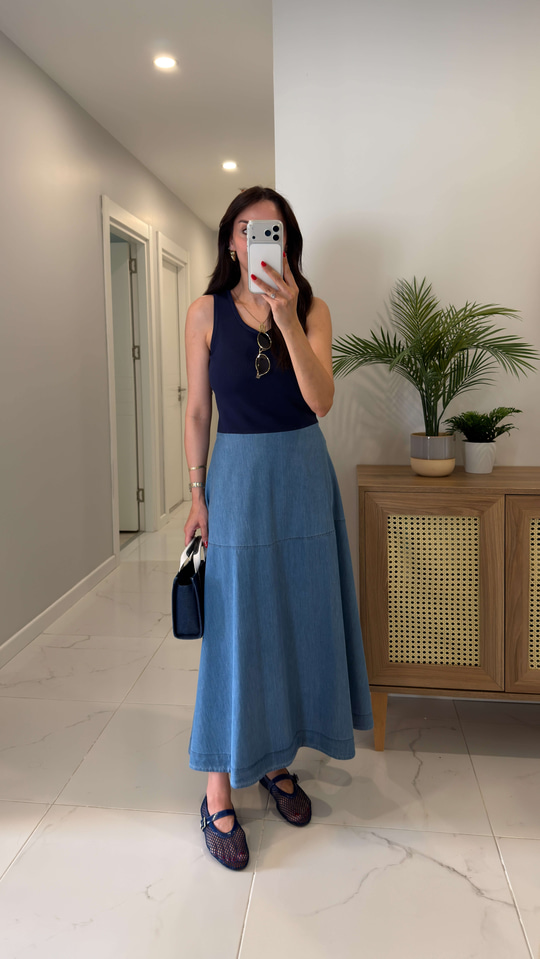 Joge Lacivert Denim Detaylı Kolsuz Elbise