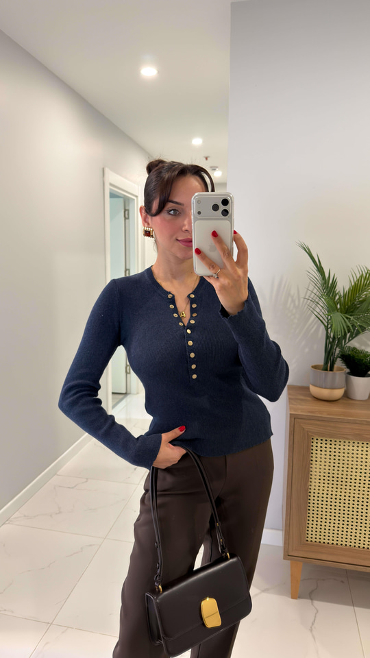 Jontre İndigo Çıtçıtlı Triko