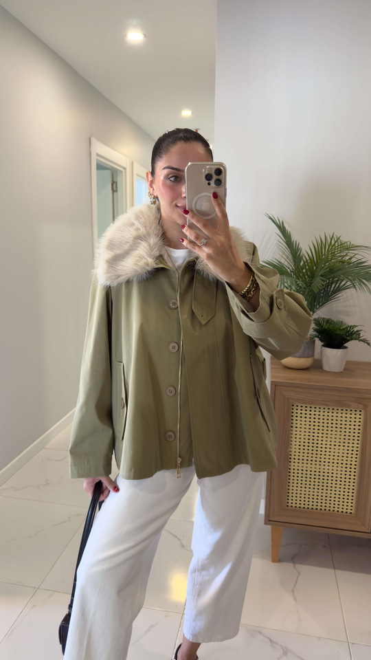 Joosa Haki Kürk Yaka Detaylı Trençkot