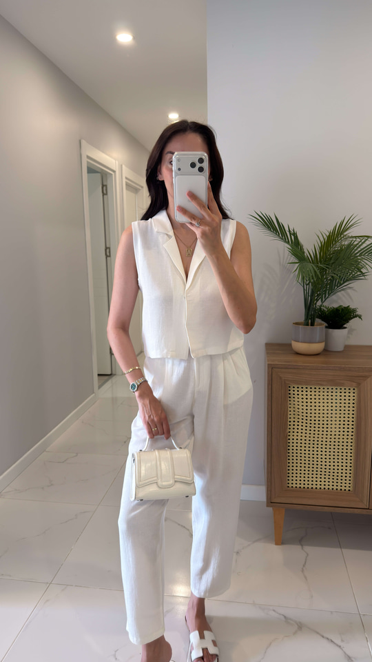 Joylie Kırık Beyaz Çıtçıt Düğme Detaylı Keten Takım
