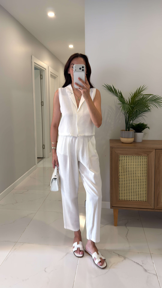 Joylie Kırık Beyaz Mavi Çıtçıt Düğme Detaylı Keten Takım