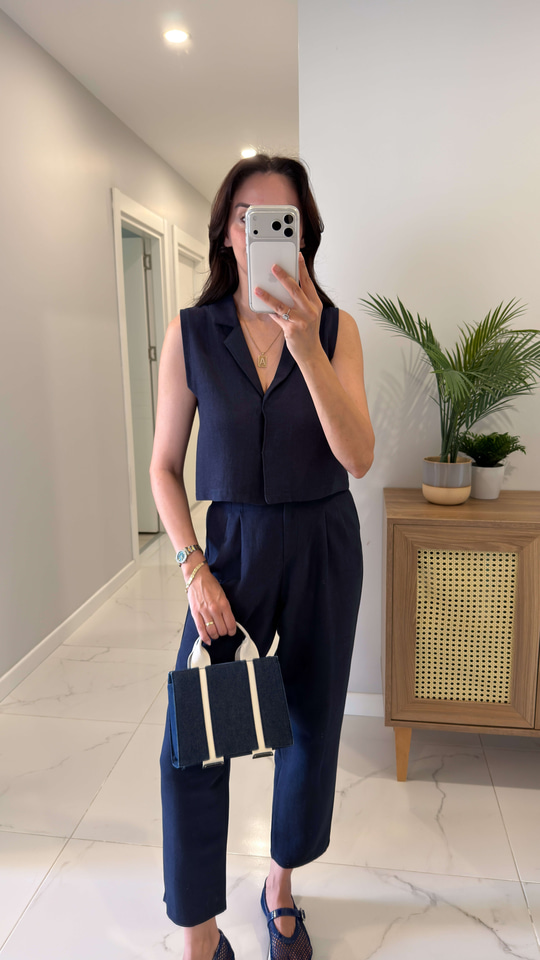 Joylie Lacivert Çıtçıt Düğme Detaylı Keten Takım