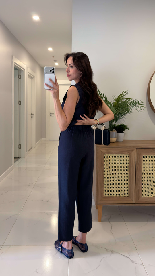 Joylie Lacivert Çıtçıt Düğme Detaylı Keten Takım