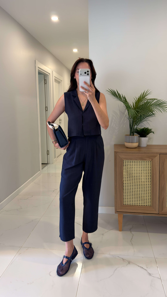 Joylie Lacivert Çıtçıt Düğme Detaylı Keten Takım