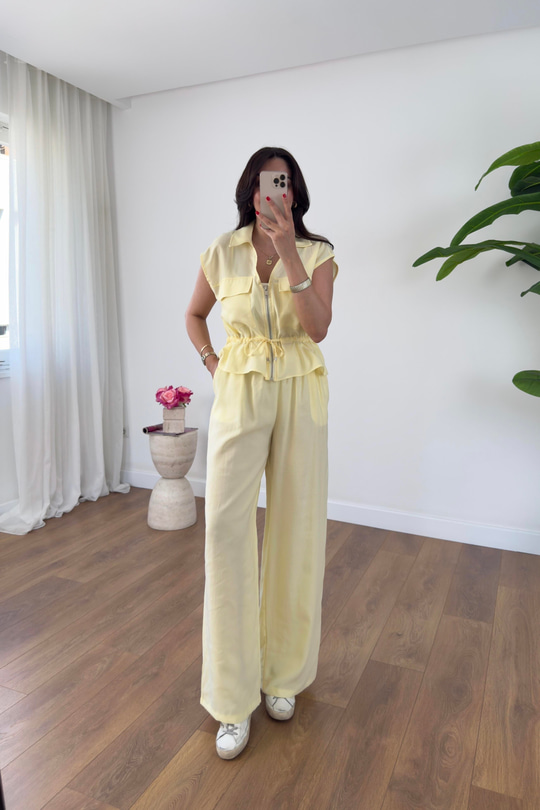 July Sarı Kendinden Bağlamalı Fermuarlı Bluz Pantolon Takım