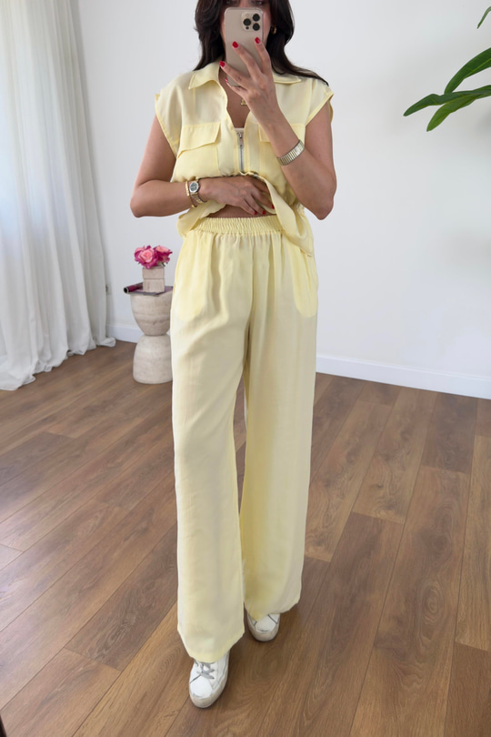 July Sarı Kendinden Bağlamalı Fermuarlı Bluz Pantolon Takım