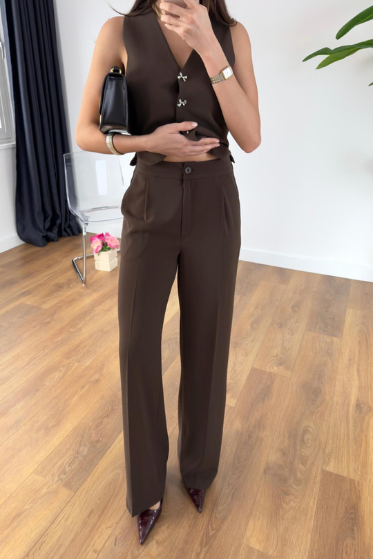 Junika Kahve Beli Lastikli Pantolon Yelekli Takım