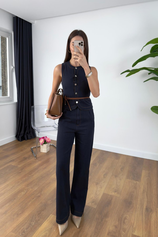 Jusla Dark Blue Denim ipli Yelek Pantolon Takım