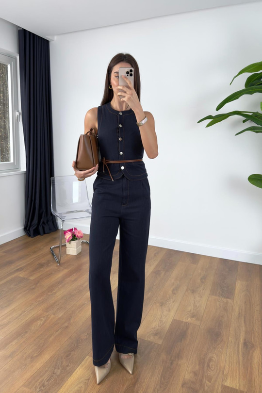 Jusla Dark Blue Denim ipli Yelek Pantolon Takım