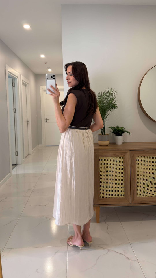 Katrin Kahve Vatkalı Kemer Detaylı Astarlı Elbise
