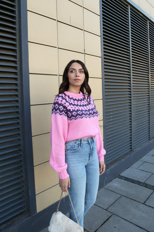 Str Etnik Desenli Pembe Kazak
