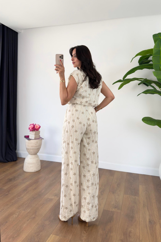 Kelsy Ekru Vizon Nakışlı Bluz Pantolon Takım