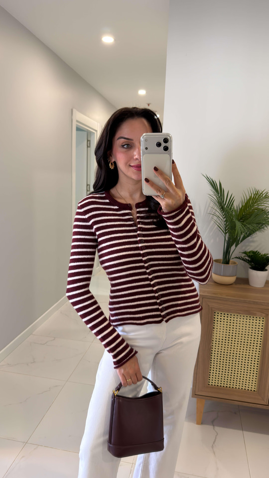Kennad Bordo Krem İnce Şeritli Hırka