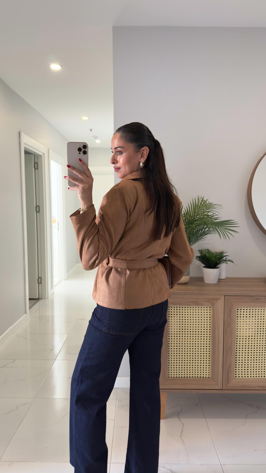 Ketrina Taba Yaka Detaylı Kuşaklı Nubuk Ceket