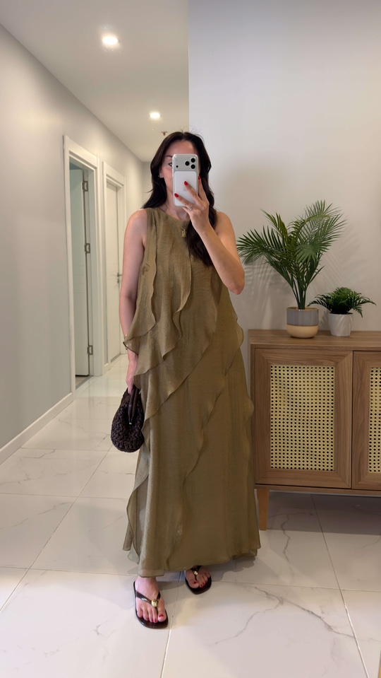 Kinda Olive Fırfır Detaylı Astarlı Kolsuz Elbise