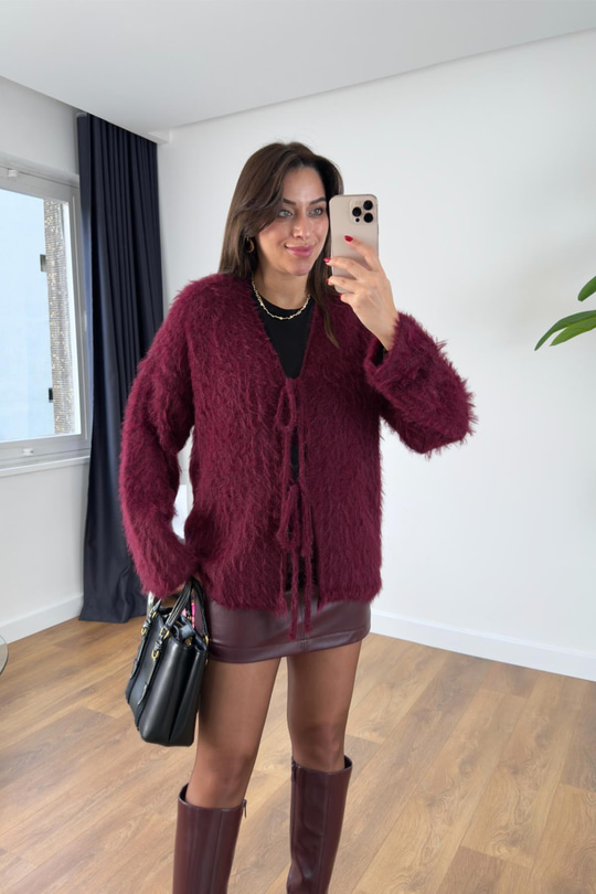 Kole Bordo Bağlama Detaylı Sakallı Hırka