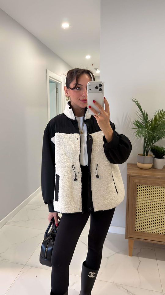 Kosiwa Siyah Ekru Peluş Mont