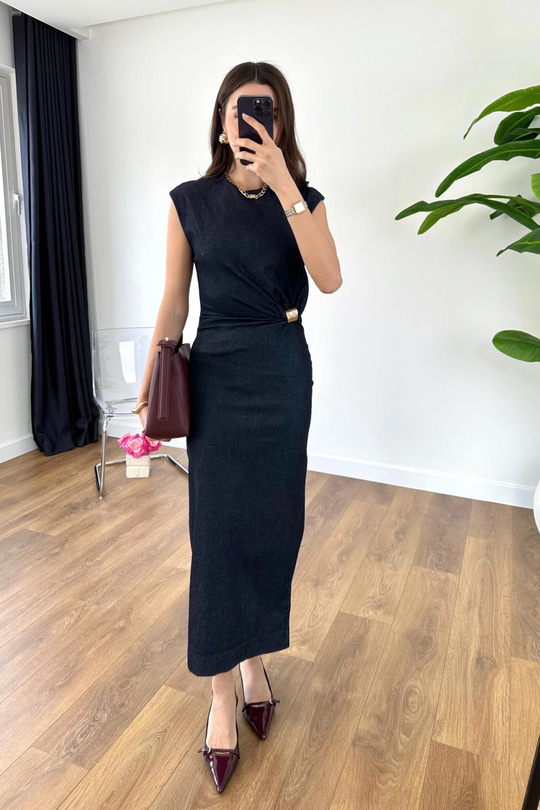Lekasa Dark Blue Gold Toka Detaylı Elbise