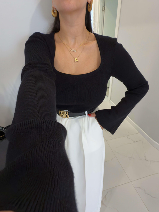 Lena Siyah  Kare Yaka Çelik Triko