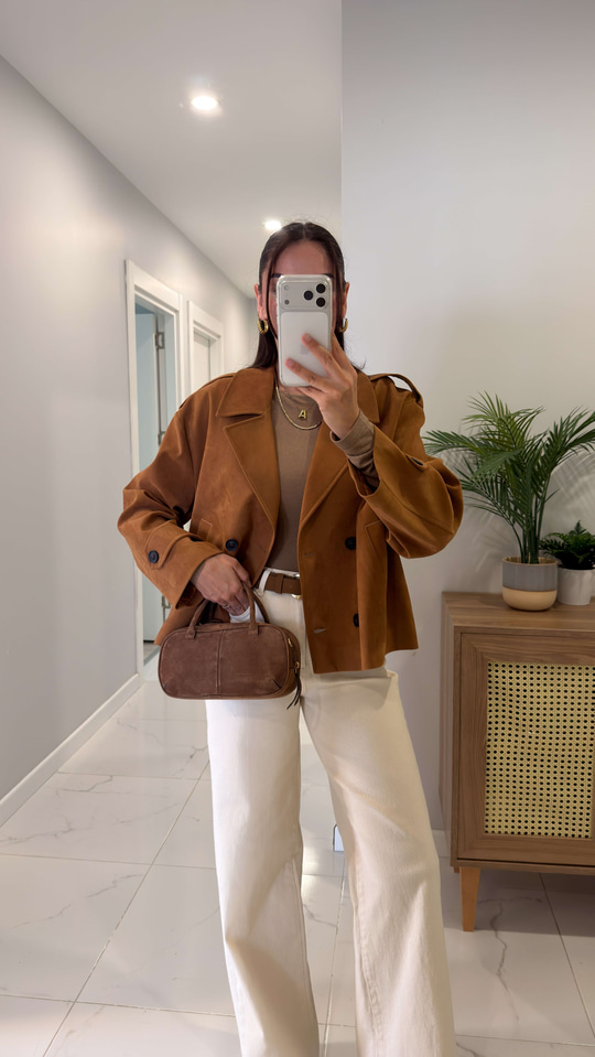 Lersa Camel Düğmeli Kısa Süet Ceket