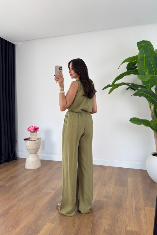Leyona Olive V Yaka Bluz Pantolon Takım