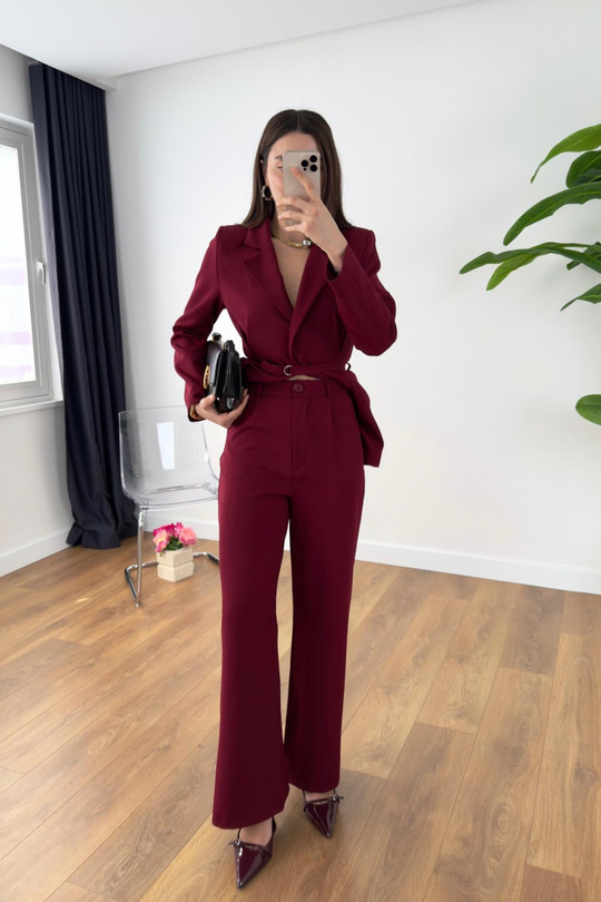 Leysina Bordo Tasarım Ceket Pantolon Takım