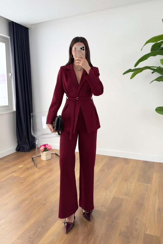 Leysina Bordo Tasarım Ceket Pantolon Takım