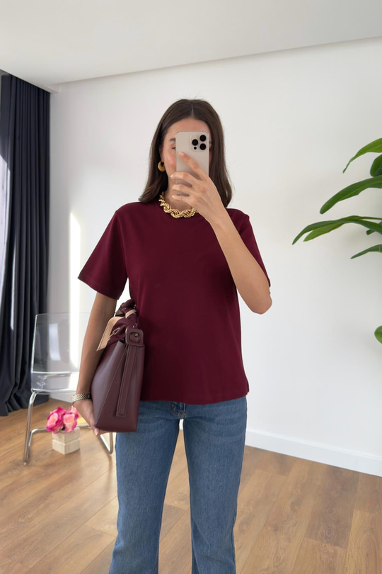 Liberty Bordo Bisiklet Yaka Basic Tişört