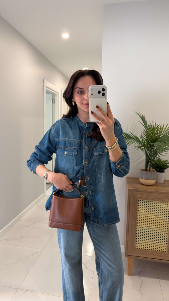 Listera Lacivert Cep Detaylı Düğmeli Denim Gömlek