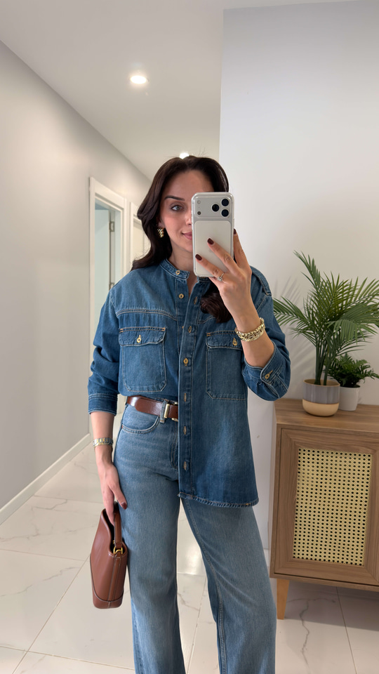 Listera Lacivert Cep Detaylı Düğmeli Denim Gömlek
