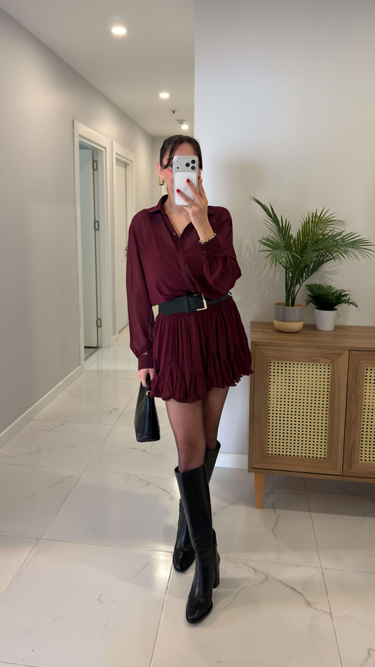 Lonces Bordo Astarlı Kemer Detaylı Şifon Elbise