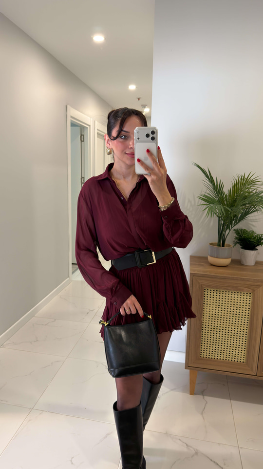 Lonces Bordo Astarlı Kemer Detaylı Şifon Elbise