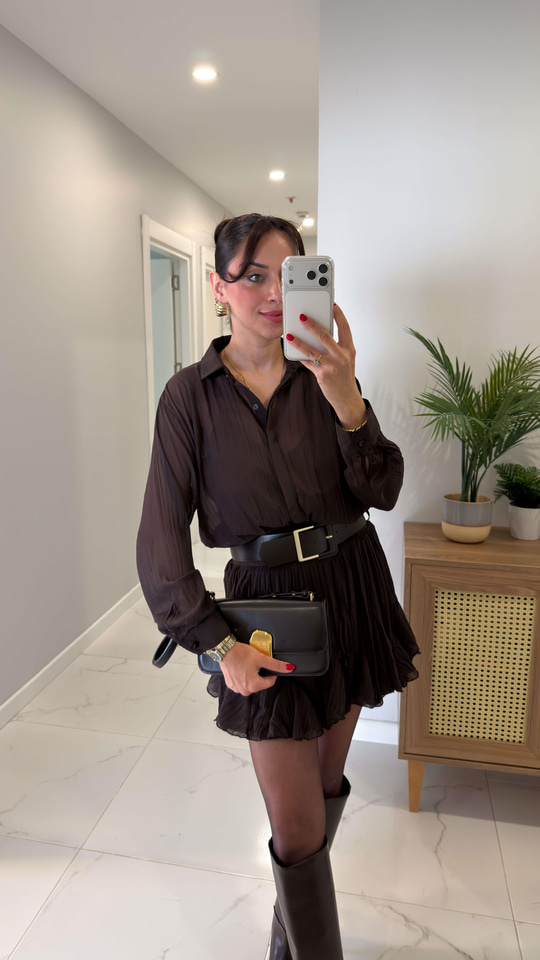 Lonces Kahve Astarlı Kemer Detaylı Şifon Elbise