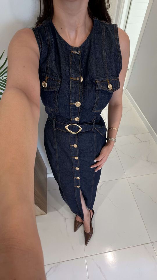 Lonesa Dark Blue Gold Düğme Detaylı Kemerli Elbise