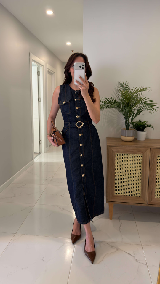 Lonesa Dark Blue Gold Düğme Detaylı Kemerli Elbise