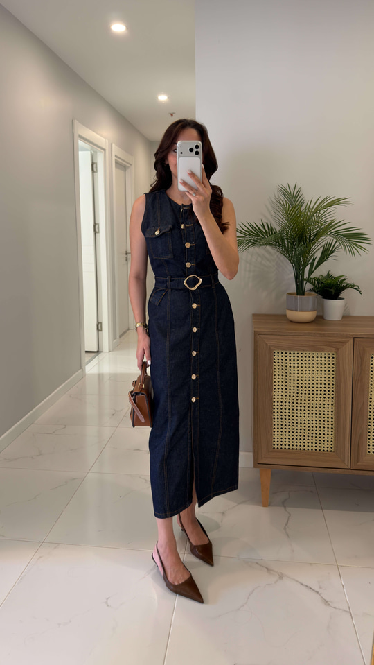 Lonesa Dark Blue Gold Düğme Detaylı Kemerli Elbise