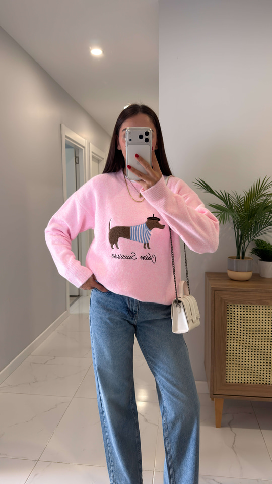 Lucky Pembe Dog Figürlü Triko