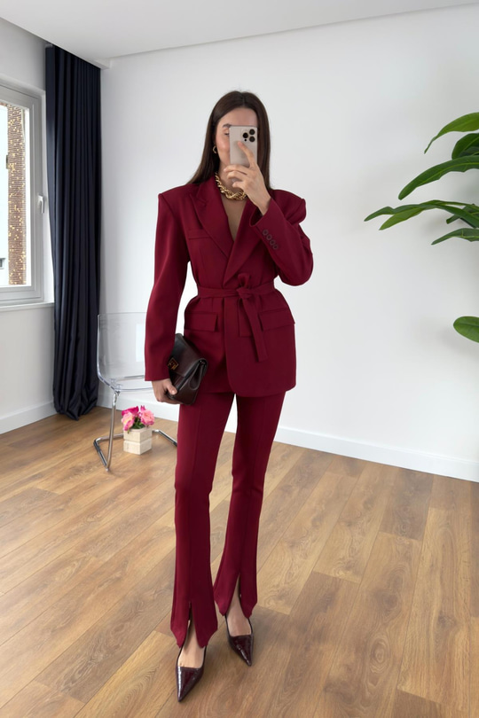 Lunis Bordo Kuşaklı Ceket Pantolon Takım