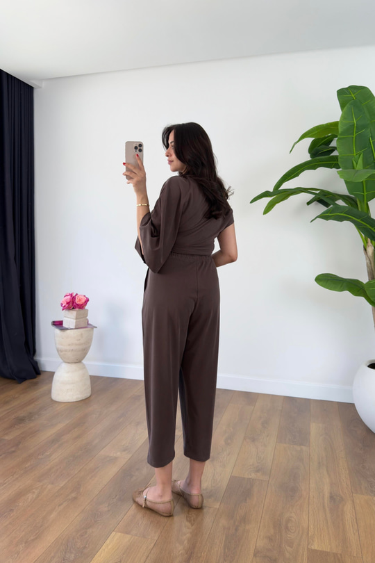 Luuma Kahve Bluz Yaka Detaylı Pantolon Takım