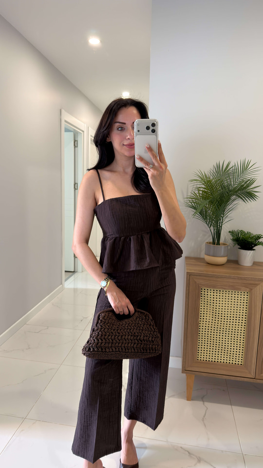 Maksy Kahve Desenli Askılı Bluz Pantolon Takım