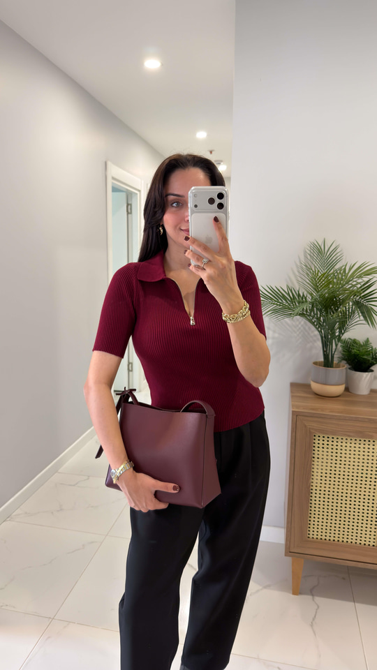 MD Busa Bordo Polo Yaka Fermuarlı Triko