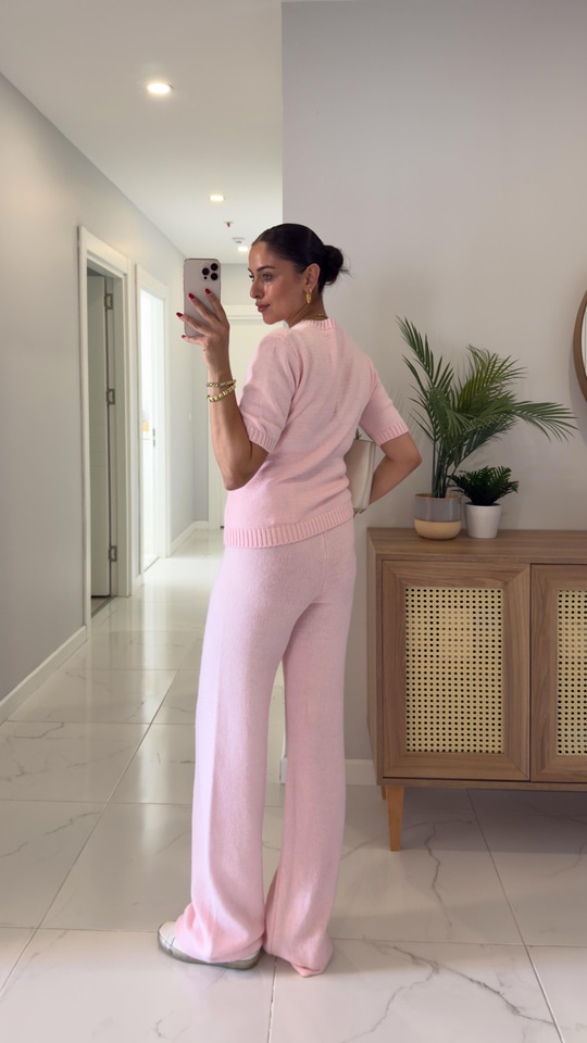 MD Emily Pembe Kısa Kol Triko Pantolon Takım
