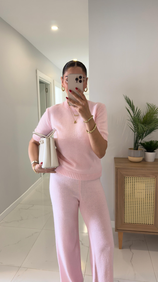 MD Emily Pembe Kısa Kol Triko Pantolon Takım