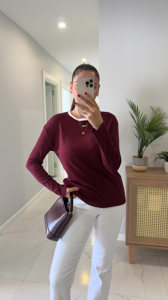 MD Esse Bordo Yakası Biyeli Uzun Kol Bluz