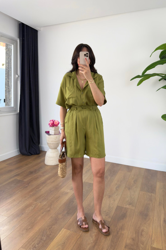 MD Gabriel Olive Cep Detaylı Gömlek Şort Takım
