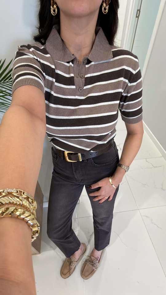 MD Hisrot Bej Kahve Çizgili Polo Yaka Kısa Kol Triko