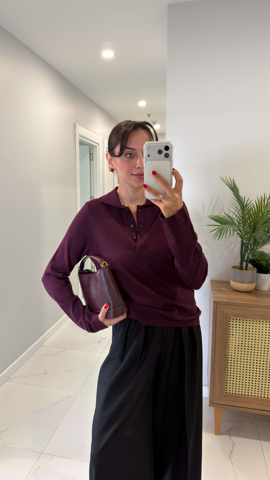 MD Hunay Bordo Polo Yaka Düğmeli Triko