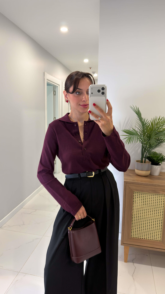 MD Hunay Bordo Polo Yaka Düğmeli Triko