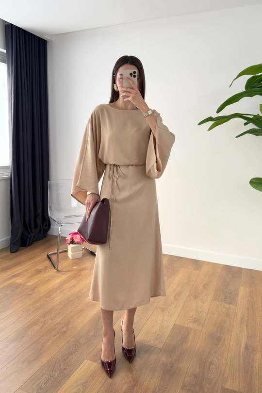 MD Kesna Bej Beli İpli Maxi Elbise